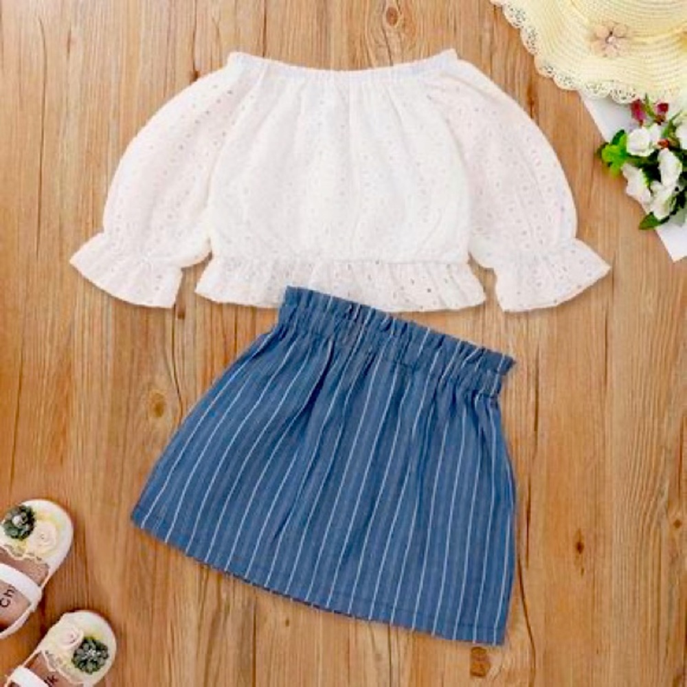Stylish white top w/ blue skirt set